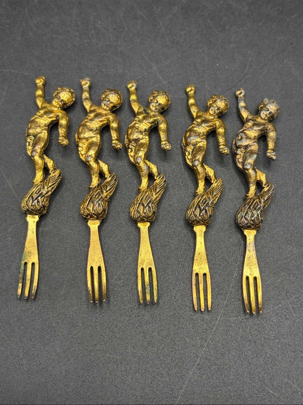 Vintage Cherub Cocktail Forks Mid Century Ornate Baroque Appetizer Utensils Set5